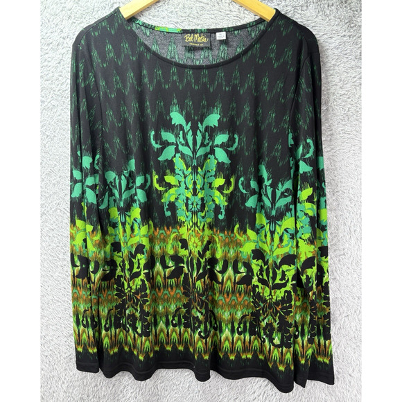 Bob Mackie‎ Wearable Art XL Green Black Pullover Top Geometric Liquid Knit Boho - Picture 1 of 8
